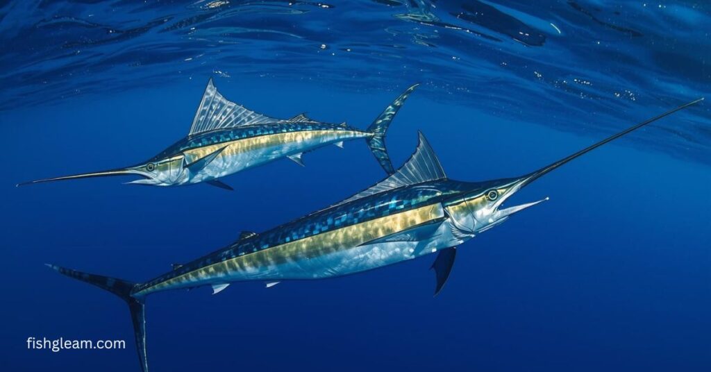 Swordfish vs Marlin comparison image showing two billfish swimming in the ocean.