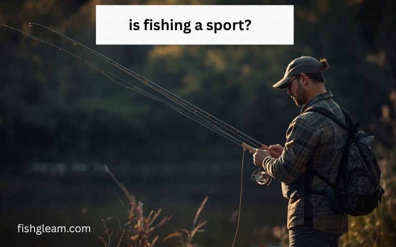 Man fishing with a rod in a river for an article asking "is fishing a sport?"
