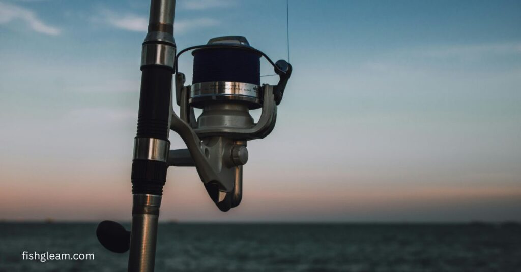A close-up of a spinning fishing reel mounted on a rod against an ocean horizon, used to illustrate a fishing reel size chart guide.